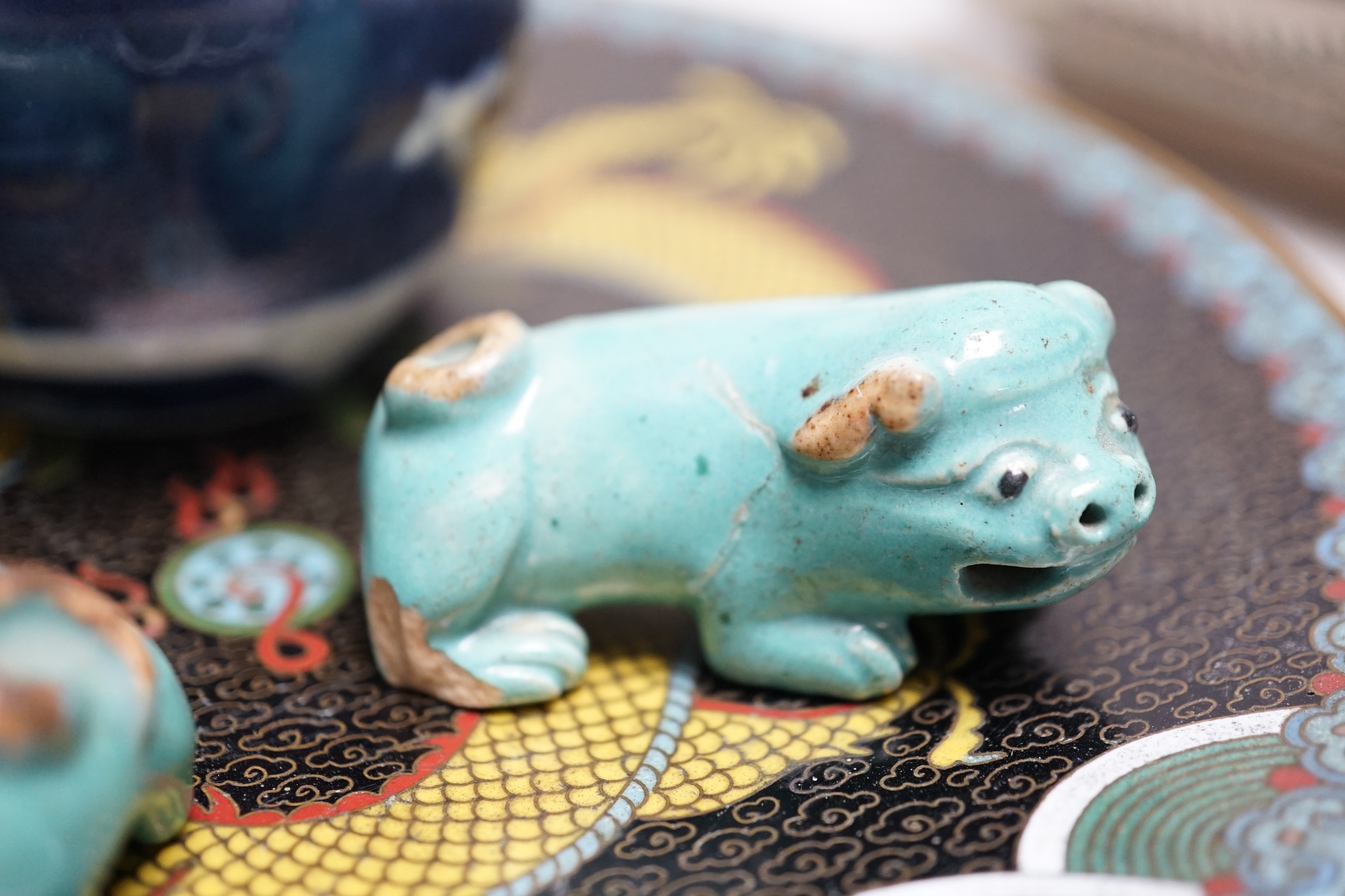 A Chinese cloisonné enamel ‘dragon’ dish, a Japanese Satsuma tray and other items